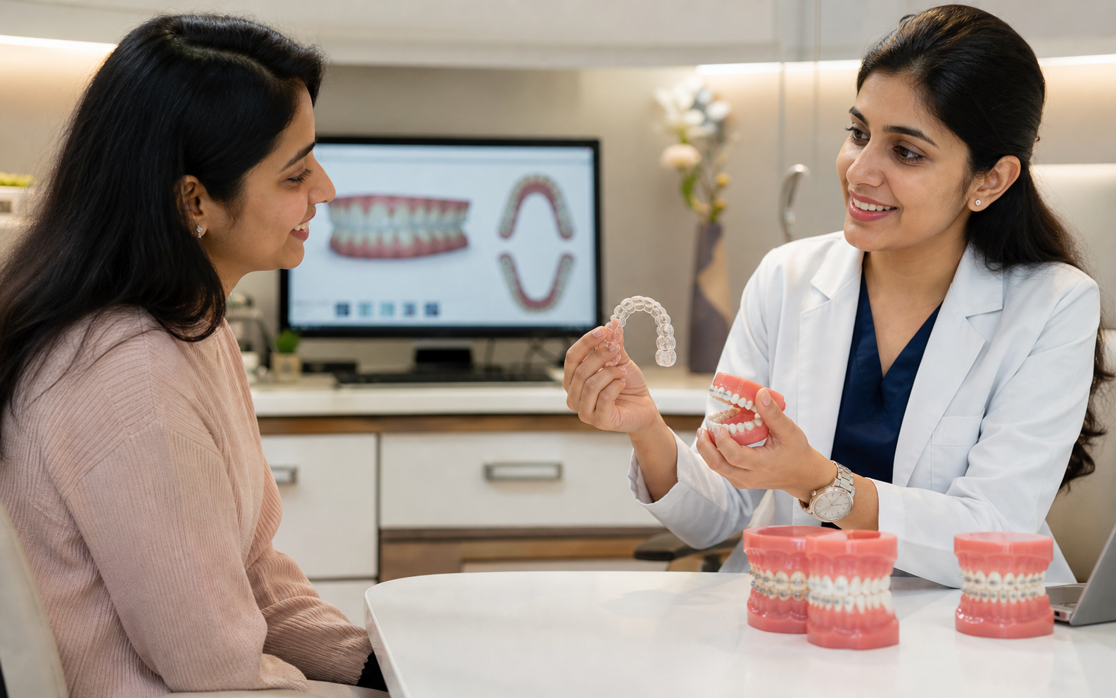 Indian orthodontist explaining clear aligners to a patient