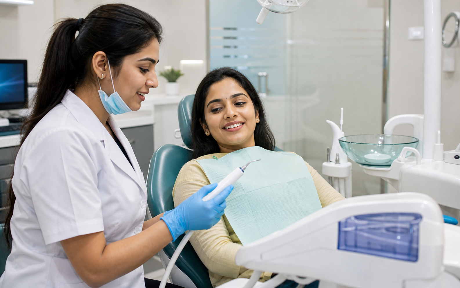 Indian dental hygienist demonstrating ultrasonic teeth cleaning equipment